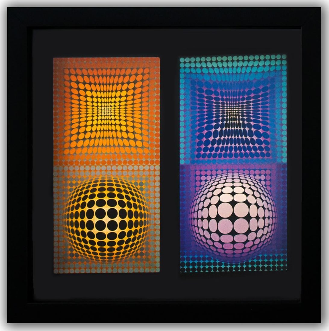 Victor Vasarely- Heliogravure Print "VP - 118 & VP - 108": Artist: Victor Vasarely. Medium: Heliogravure Print. Title: VP - 118 & VP - 108. Size: 10" x 10". Measures approx. 12" x 12" (framed). Additional: Custom Framed , 1975. Reference#: 21392.
