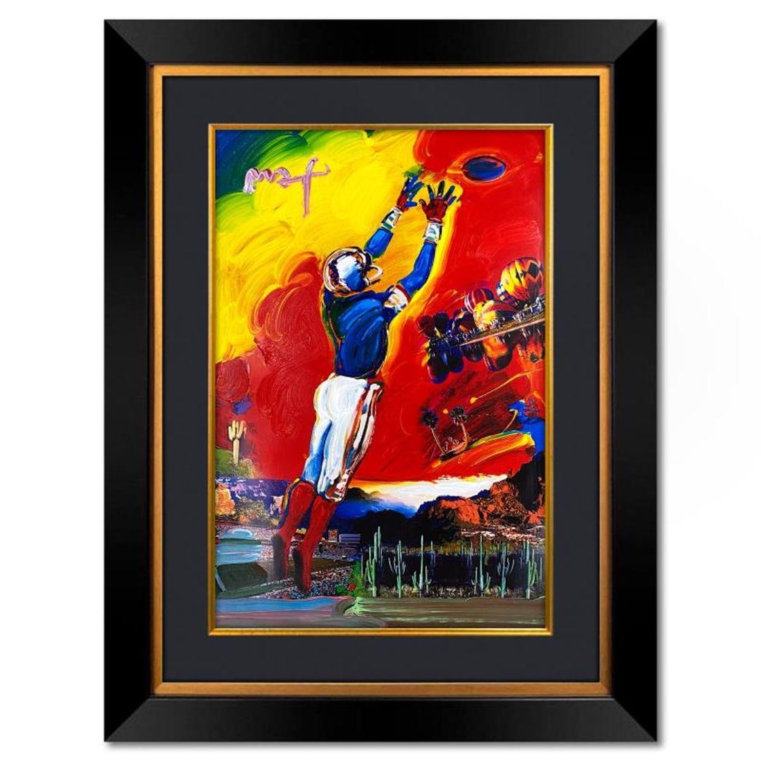 Peter Max, "Superbowl XXX" Framed One-of-a-Kind Mixed Media, Hand Signed with Registration Number: Superbowl XXX is a one-of-a-kind mixed media on paper, hand signed by Peter Max. The piece comes custom framed with a backside cutout to display Peter Max Studio registration number 306798 certifying