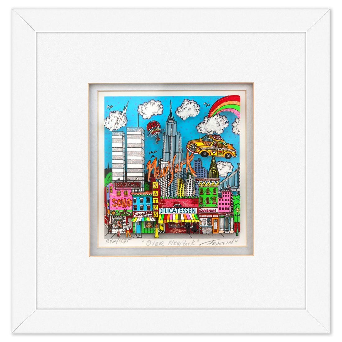 Charles Fazzino- 3D Construction Silkscreen Serigraph "Over New York": Artist: Charles Fazzino. Medium: 3D Construction Silkscreen Serigraph. Title: Over New York. Size: 5.5" x 5.5". Measures approx. 10.5" x 10.5" (framed). Signature: Hand signed and numbered. Certificat