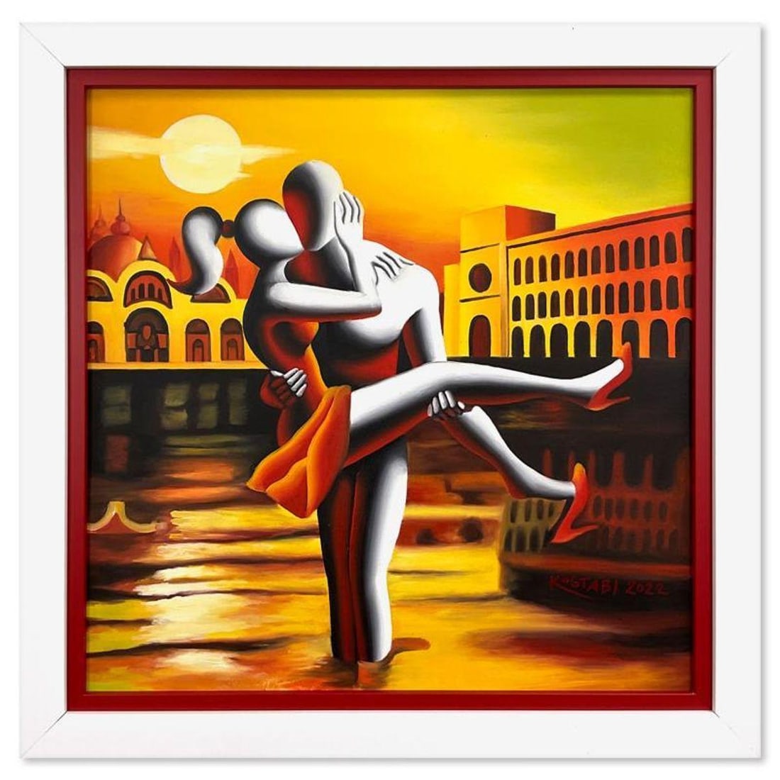 Mark Kostabi, "Venetian Fantasy" Framed Original Oil Painting on Canvas, Hand Signed with Letter of: Venetian Fantasy is an original oil painting on canvas by Mark Kostabi, hand signed by the artist. This piece comes framed. Includes Letter of Authenticity. Measures approx. 25.5" x 25.5" (frame), 21"