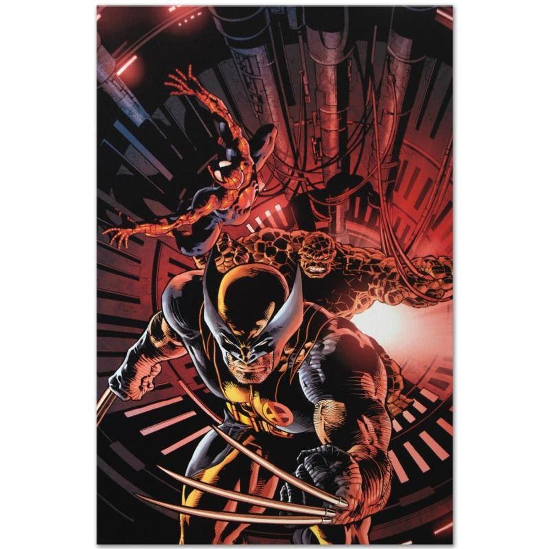 Marvel Comics "New Avengers #11" Numbered Limited Edition Giclee on Canvas by Mike Deodato Jr. with: A piece of comic book history, this limited edition, from original art by Mike Deodato Jr., depicts an intense Wolverine, Spider-Man and Thing. Brazilian artist Mike Deodato Jr. has become an enduring