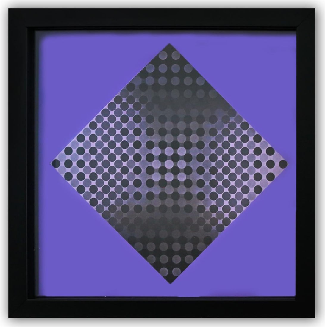 Victor Vasarely- Heliogravure Print "Untitled": Artist: Victor Vasarely. Medium: Heliogravure Print. Title: Untitled. Size: 11" x 11". Measures approx. 12" x 12" (framed). Certificate of Authenticity: Is Included. Additional: Custom Framed. Referen