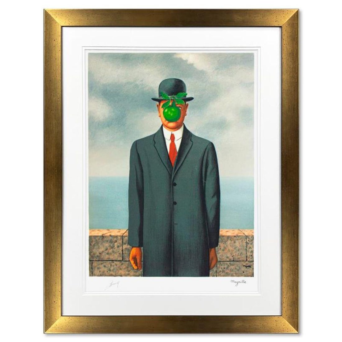 Rene Magritte (1898-1967), "Le Fils De L'homme" Framed Limited Edition Lithograph with Letter of: Le Fils De L'homme is a framed limited edition lithograph on paper by Rene Magritte (1898-1967). Printed by Atelier Mourlot in Paris and authorized by the Magritte Foundation and ADAGP Paris , the pie