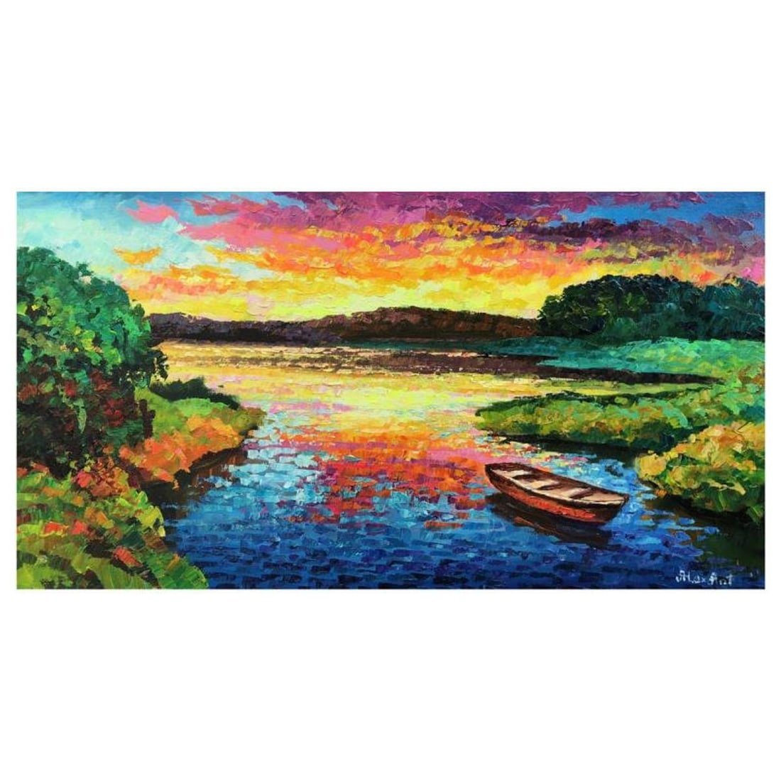 Alexander Antanenka, "Sunset Canoe" Original Painting on Canvas, Hand Signed with Letter of: Sunset Canoe is an original oil painting on stretched canvas by Alexander Antanenka. Hand signed by the artist, the piece comes with a letter of authenticity. Measures approximately 16" x 30" (image).