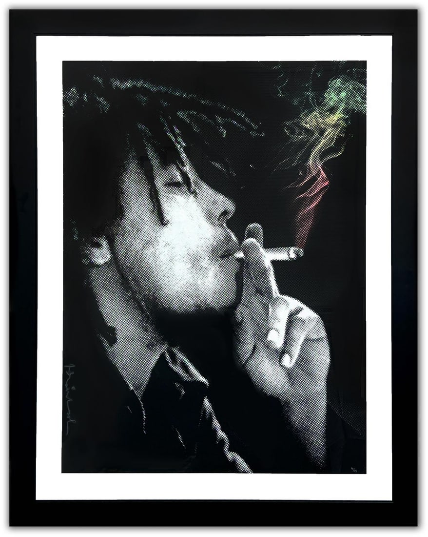 Mr. Brainwash- Silkscreen on Paper "Happy Birthday Bob Marley! Jamming (Vertical Colors)": Artist: Mr. Brainwash. Medium: Silkscreen on Paper. Title: Happy Birthday Bob Marley! Jamming (Vertical Colors). Size: 45" x 33". Measures approx. 57" x 45" (framed). Signature: Hand Signed and Number