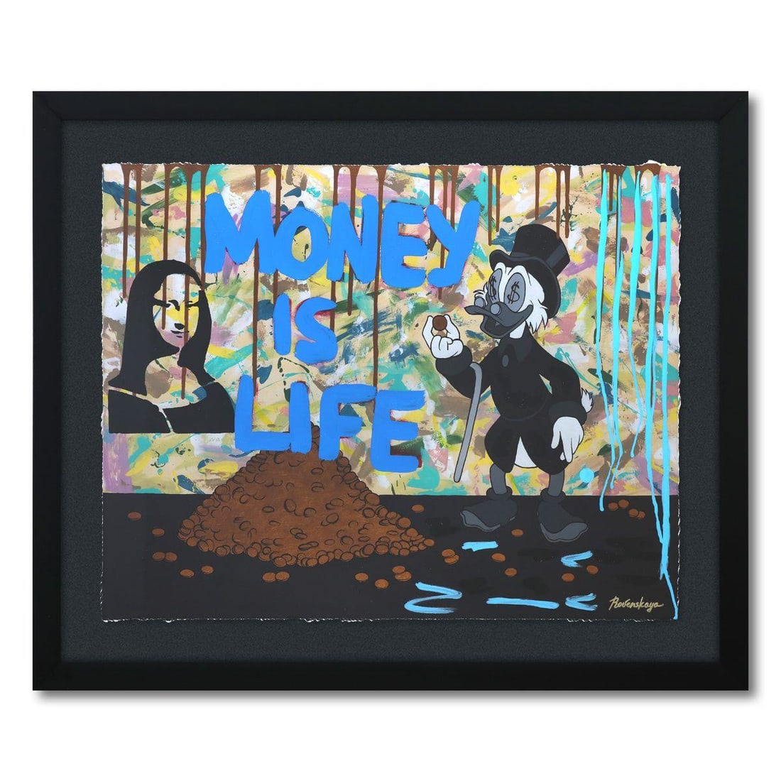 Nastya Rovenskaya- Mixed Media on Paper "Money is Life": Artist: Nastya Rovenskaya. Medium: Mixed Media on Paper. Title: Money is Life. Size: 24" x 30". Measures approx. 32" x 38" (framed). Signature: Hand Signed. Certificate of Authenticity: Is included. R