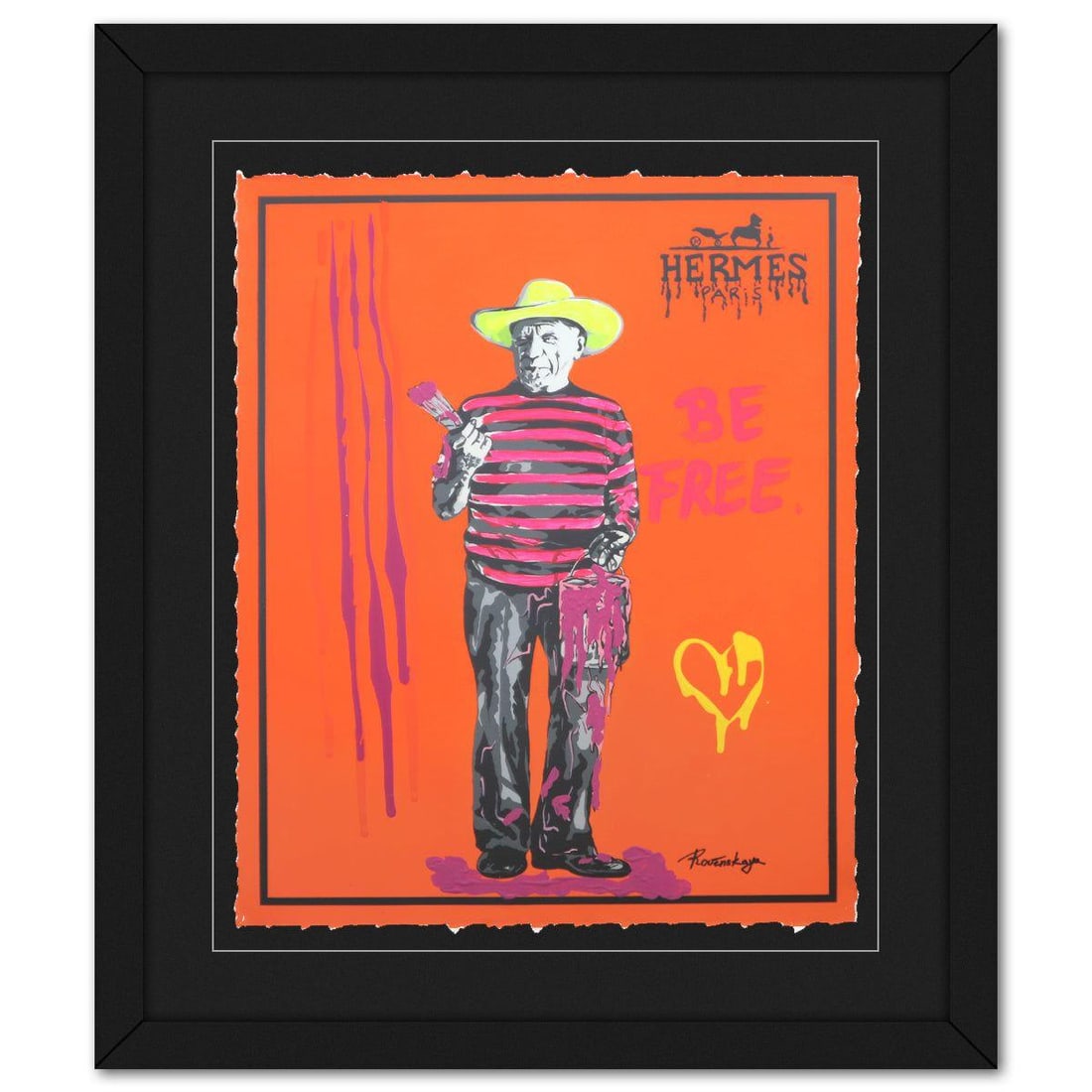 Nastya Rovenskaya- Original Mixed Media on Paper "I am Pablo": Artist: Nastya Rovenskaya. Medium: Original Mixed Media on Paper. Title: I am Pablo. Size: 24" x 20". Measures approx. 34" x 20" (framed). Signature: Hand signed by the artist. Certificate of Authenti