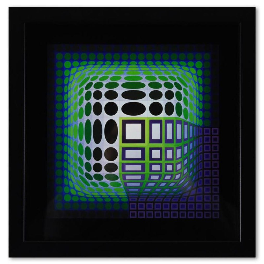 Victor Vasarely (1908-1997), "Koska - Kar de la serie Structures Universelles Du Damier" Framed 1975: Koska - Kar de la serie Structures Universelles Du Damier is a heliogravure print on paper, published in 1975, by Victor Vasarely (1908-1997). This piece comes custom framed, with a letter of authenti
