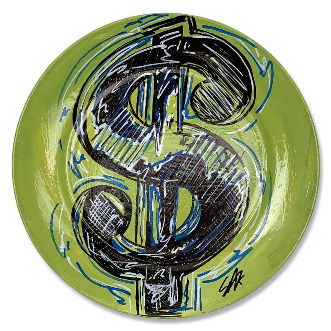 Steve Kaufman (1960-2010) "Dollar Sign" Hand Painted Plate, Hand Signed with Letter of Authenticity.: Dollar Sign is a hand painted plate by Steve Kaufman (1960-2010). This piece is hand signed by the artist and includes a letter of authenticity. As is common with Kaufman's works, this piece may have