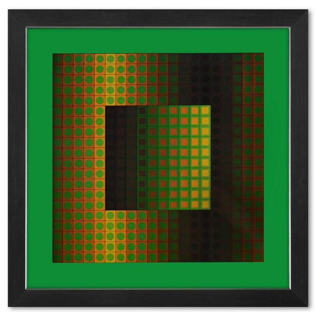 Victor Vasarely (1908-1997), "Zett - ZS de la serie Folklore Planetaire" Framed 1971 Heliogravure: Zett - ZS de la serie Folklore Planetaire is a heliogravure print on paper, published in 1971, by Victor Vasarely (1908-1997). This piece comes custom framed, with a letter of authenticity and with a