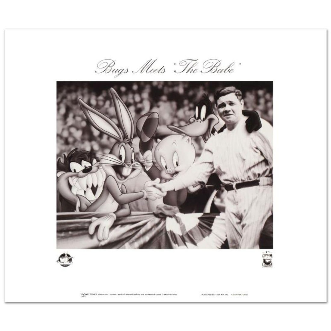 Bugs Meets The Babe is a Collectible Lithograph from Warner Bros., Bearing the Official Seal of: Bugs Meets The Babe is a collectible lithograph on paper from Warner Bros., bearing the official seal of authentication from Warner Bros.! Also, includes Certificate of Authenticity! Measures approx.