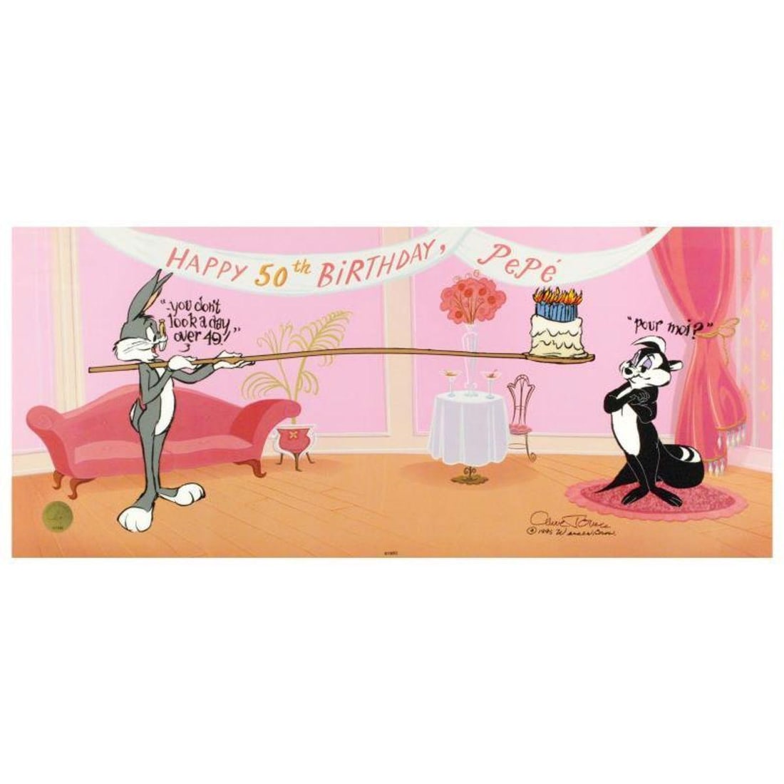 Pepe's 50th Birthday by Chuck Jones (1912-2002). Limited Edition Animation Cel 25" x 10.5" with Hand: Own this amazing piece based on the original line image hand drawn and hand-inked on paper by Chuck Jones! "Pepe's 50th Birthday" is a sold out limited edition animation cel with hand painted