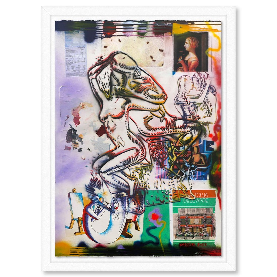 Mark Kostabi- Original Mixed Media on Paper "Navigating the Secrets Of the Psyche": Artist: Mark Kostabi. Medium: Original Mixed Media on Paper. Title: Navigating the Secrets Of the Psyche. Size: 42" x 29". Measures approx. 47" x 35" (framed). Signature: Hand signed. Certificate of