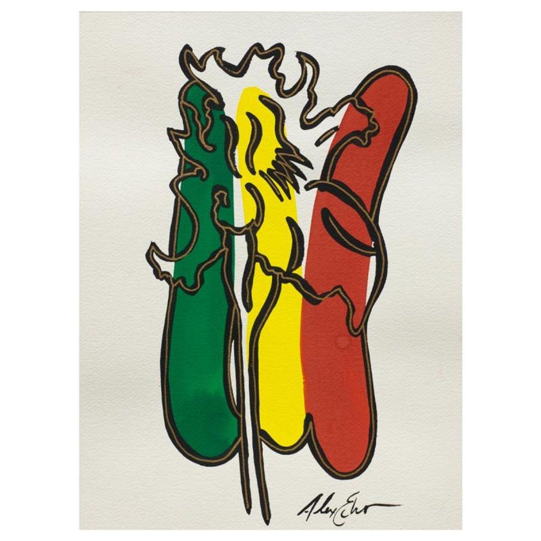 Alex Echo, "Auto Floral For Fernand" Hand Signed Original Painting with Letter of Authenticity.: Auto Floral For Fernand is an original painting, ink, gold pen, and watercolor on paper by Alex Echo. Hand signed and accompanied by a letter of authenticity. Measures approximately 12" x 9".