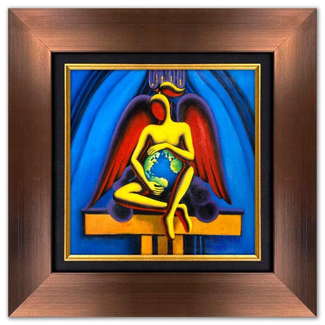 Mark Kostabi, "Protection Sanctuary" Framed Original Oil Painting on Canvas, Hand Signed with a: Protection Sanctuary is an original oil painting on canvas by Mark Kostabi, hand signed by the artist. This piece comes custom framed. Includes Certificate of Authenticity. Measures approx. 22.5" x 22