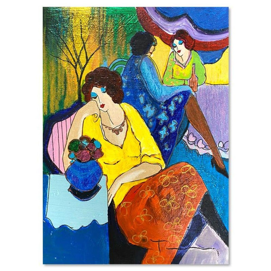 Itzchak Tarkay (1935-2012), "Quiet Afternoon" One-of-a-Kind Mixed Media Over Paint on Wood, Hand (1 of 2)