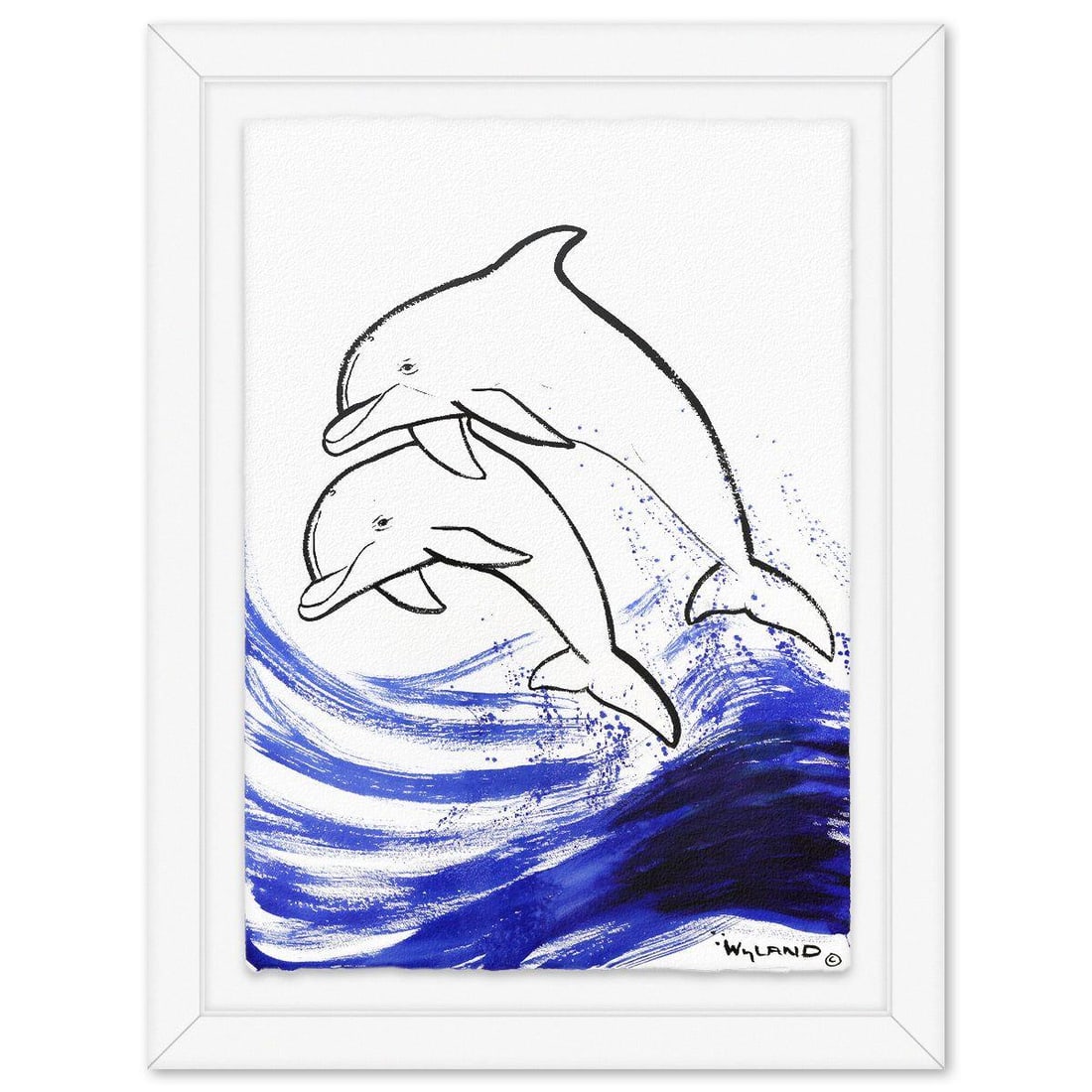 Wyland- Original Sumi Ink Painting "Dolphins": Artist: Wyland. Medium: Original Sumi Ink Painting. Title: Dolphins. Size: 42" x 30". Measures approx. 51" x 39" (framed). Signature: Hand signed by the artist. Certificate of Authenticity: Is include