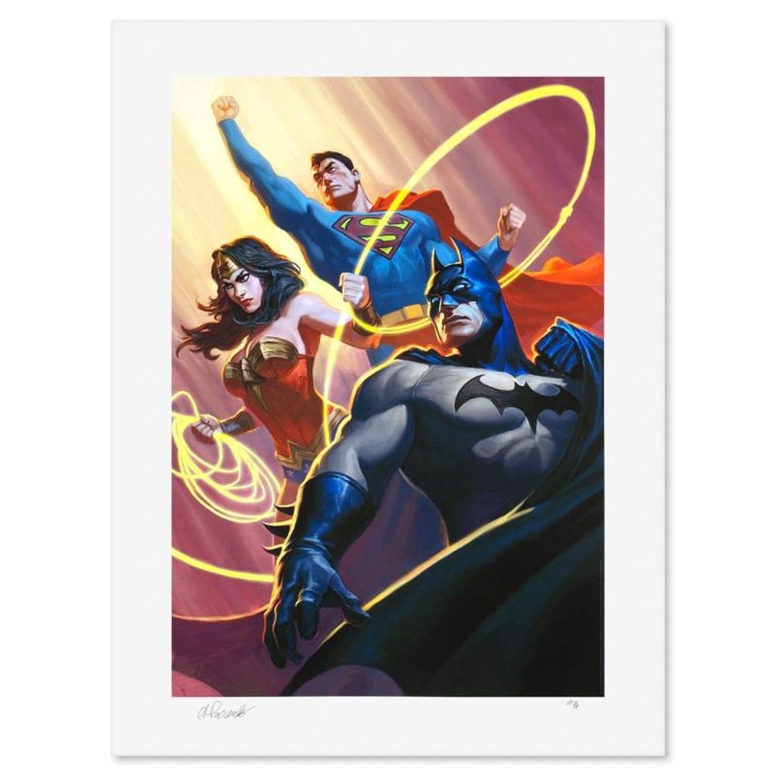 DC Comics & Alex Pascenko, "Justice League Trinity" Limited Edition, PP Numbered 3/4 and Signed with: Justice League Trinity is a limited edition giclee on paper from DC Comics and Alex Pascenko, PP numbered 3/4 and bearing the authorized signature of the artist. Includes Letter of Authenticity. Measu