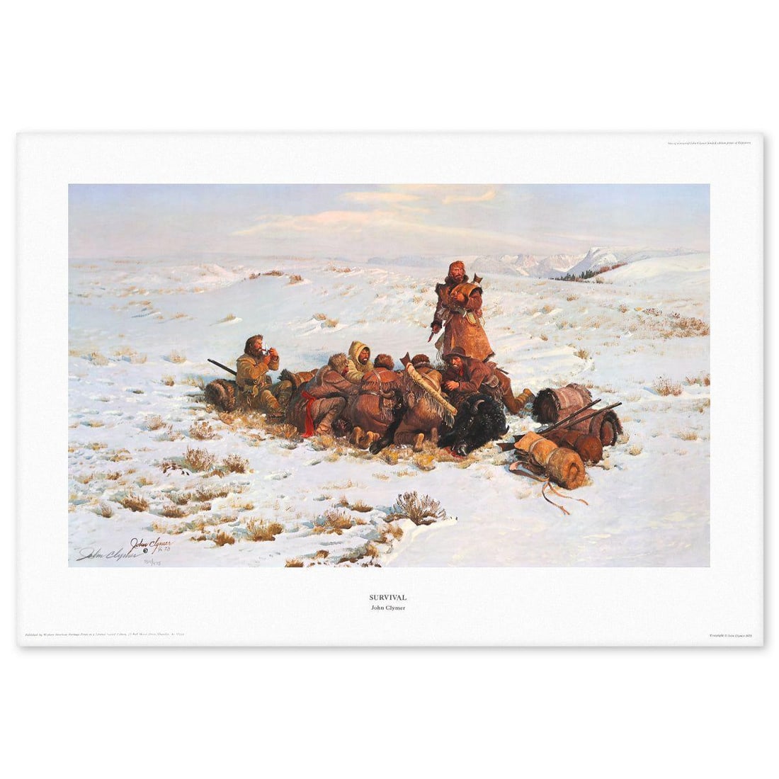 John Clymer- Offset Lithograph "Survival": Artist: John Clymer. Medium: Offset Lithograph. Title: Survival. Size: 20" x 29". Signature: Signed and numbered. Reference#: 82547.