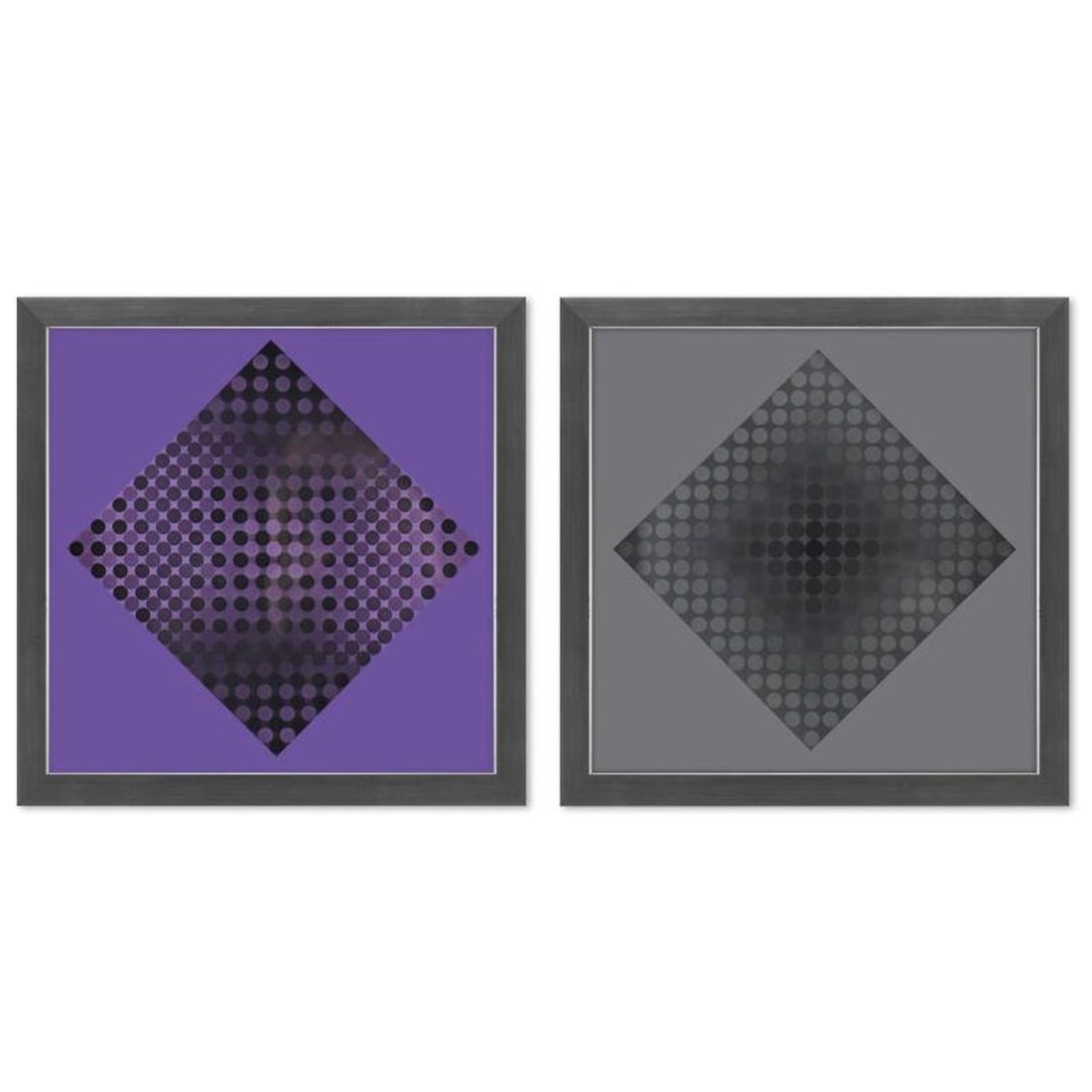 Victor Vasarely (1908-1997), "Goyo - SZ et Goyo - EZ de la serie CTA - 102 (Diptych)" Framed 1971: Goyo - SZ et Goyo - EZ de la serie CTA - 102 (Diptych) is a set of heliogravure prints on paper, published in 1971, by Victor Vasarely (1908-1997). These pieces come custom framed, with a letter of au