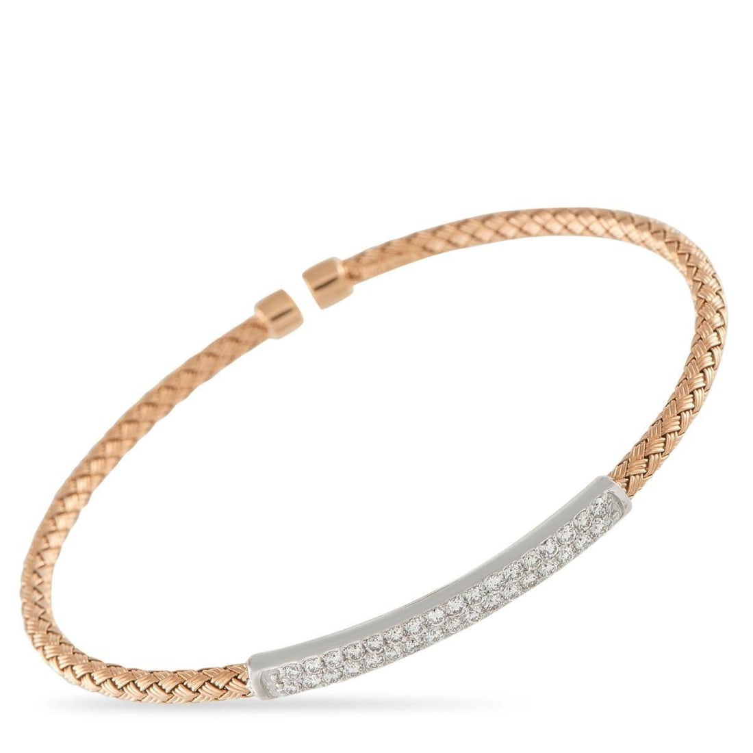 14K WHITE AND ROSE GOLD 0.65CT DIAMOND WOVEN BRACELET: Turn simplicity into a statement with this piece that offers a subtle twist of metals and a hint of sparkle. It features a rigid rose gold bangle with a woven texture, framing a short arc of white gol