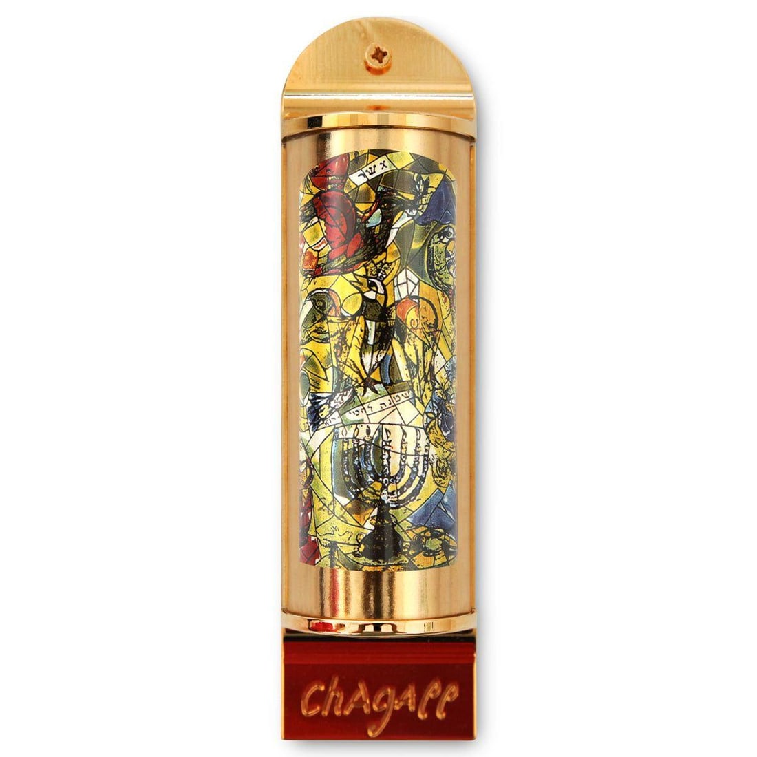 Marc Chagall- Mezuzah/ Silkscreen on 24K gold plated bronze "Asher": Artist: Marc Chagall. Medium: Mezuzah/ Silkscreen on 24K gold plated bronze. Title: Asher. Size: 5.1" x 1.4". Certificate of Authenticity: Is included. Additional: Limited edition of 1800. Full color