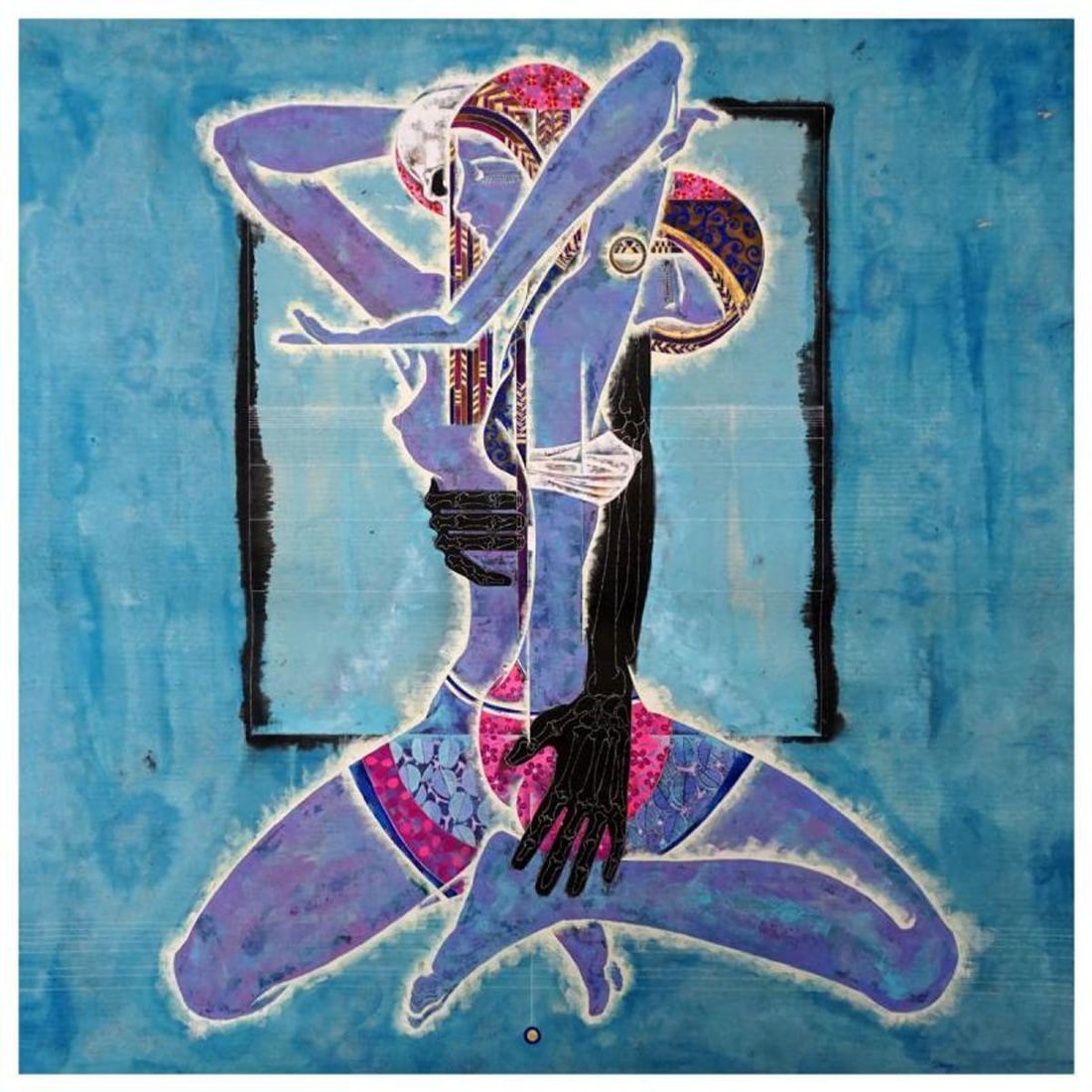 Lu Hong, "Death and Maiden" Original Mixed Media Painting, Hand Signed and with Letter of: Death and Maiden (1996) is an original mixed media painting on paper by Lu Hong. Hand signed by the artist, the piece comes with a letter of authenticity. Measures approximately 35" x 34.5".