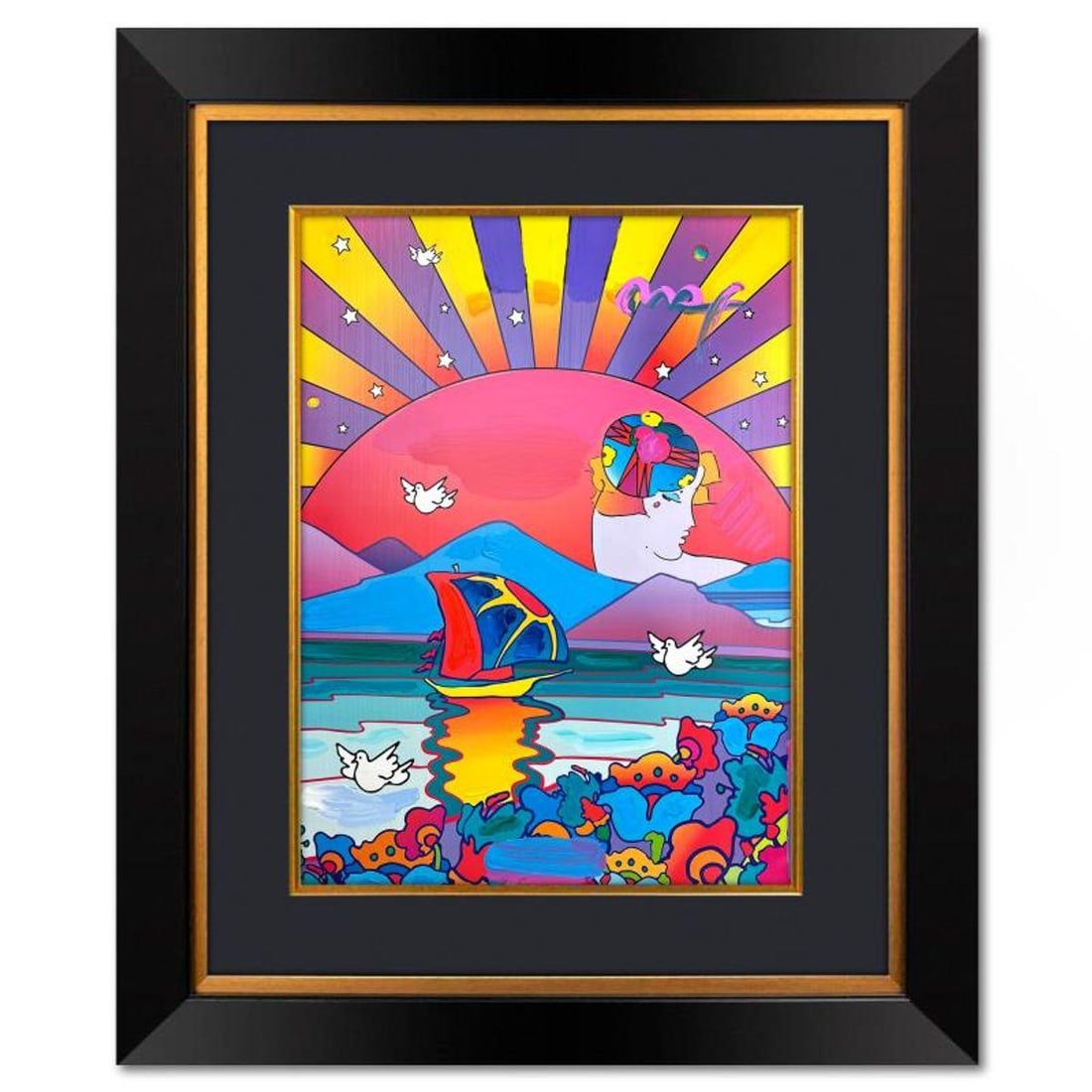 Peter Max, "A New Beginning" Framed One-of-a-Kind Mixed Media, Hand Signed with Registration Number: A New Beginning is a one-of-a-kind mixed media on paper, hand signed by Peter Max. The piece comes custom framed with a backside cutout to display Peter Max Studio registration number 293912 certifyin