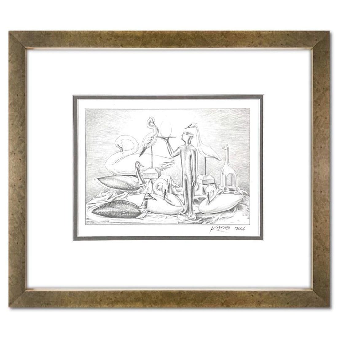 Mark Kostabi, "Birth of Ingenuity" Framed Original Drawing on Paper, Hand Signed with Certificate of: Birth of Ingenuity is an original drawing on paper by Mark Kostabi, dated 2006 and hand signed by the artist. This piece comes custom framed. Includes Certificate of Authenticity. Measures approx. 17.