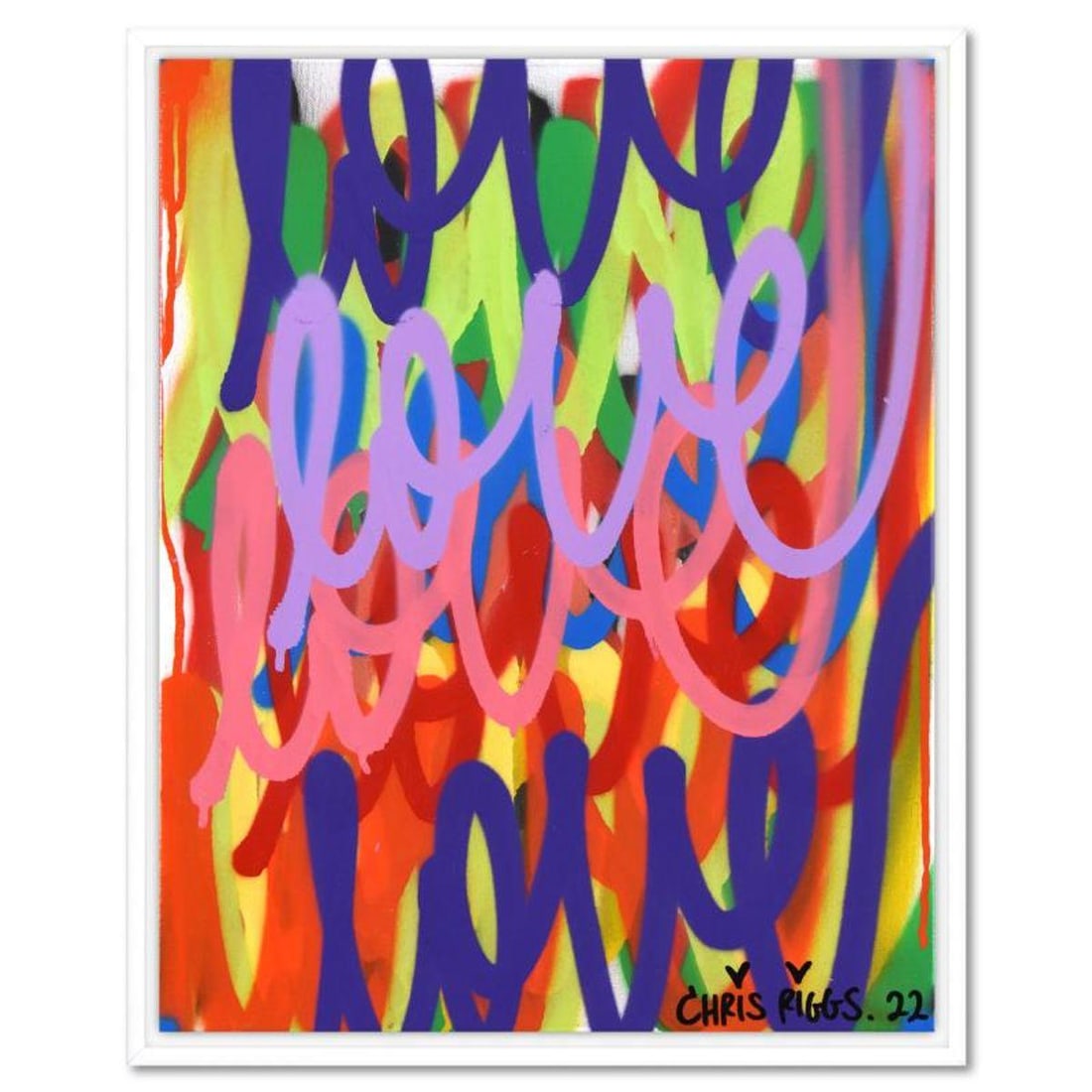 Chris Riggs, "Love" Framed Original Spray Paint Painting on Canvas, Hand Signed with Letter of: Love is an original spray paint painting on canvas by Chris Riggs, hand signed by the artist. This piece comes framed. Includes Letter of Authenticity. Measures approx. 17" x 21" (frame), 16" x 20"