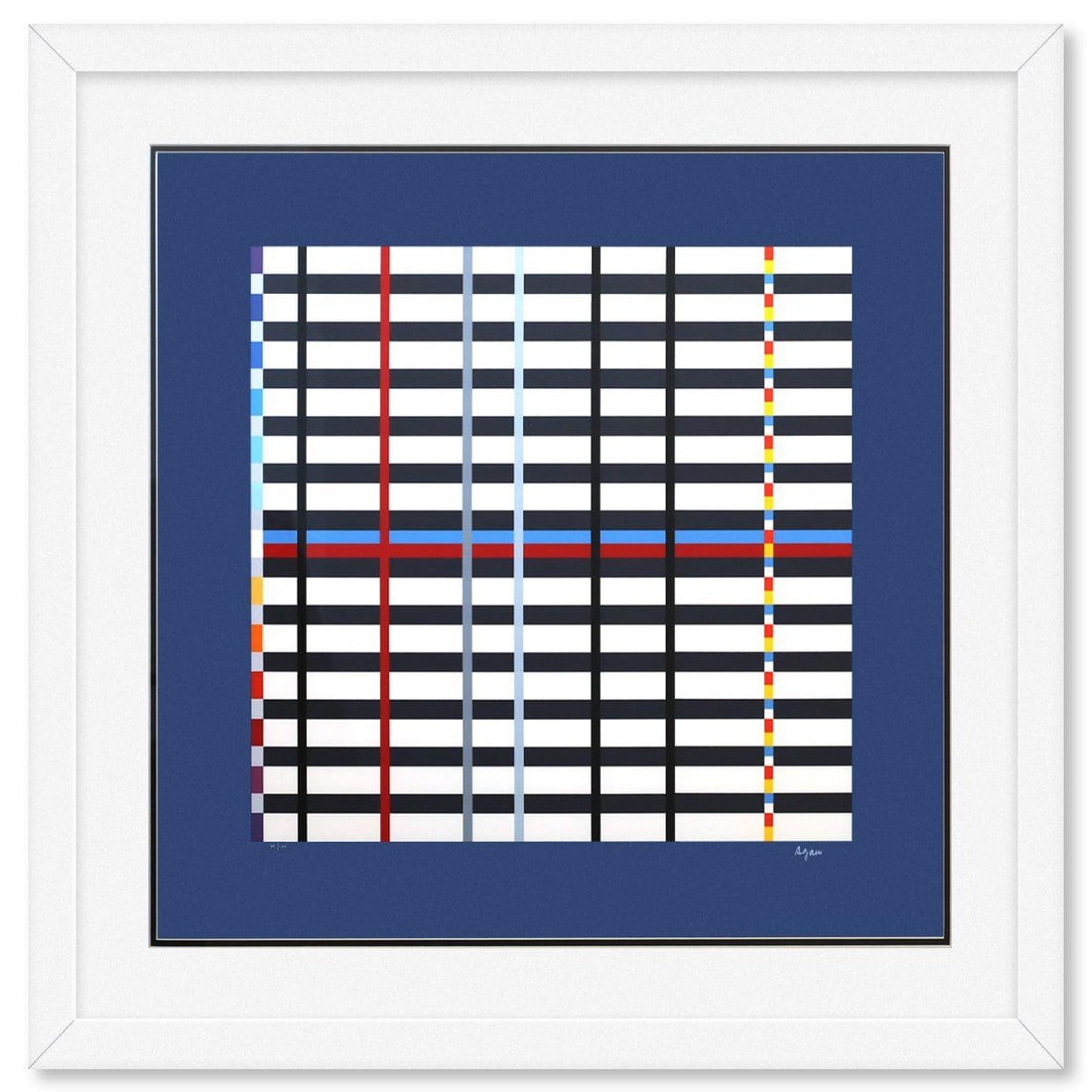 Yaacov Agam- Silkscreeen Serigraph "Homage to Mondrian": Artist: Yaacov Agam. Medium: Silkscreeen Serigraph. Title: Homage to Mondrian. Size: 26" x 27". Measures approx. 34" x 35" (framed). Signature: Hand signed and numbered. Certificate of Authenticity: I