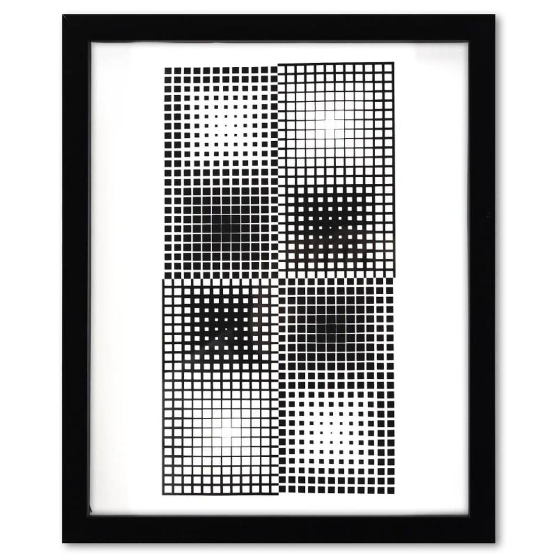 Victor Vasarely (1908-1997), "Binovae de la serie Corpusculaires" Framed 1973 Heliogravure Print: Binovae de la serie Corpusculaires is a heliogravure print on paper, published in 1973, by Victor Vasarely (1908-1997). This piece comes custom framed, with a letter of authenticity and with a 1976 Va