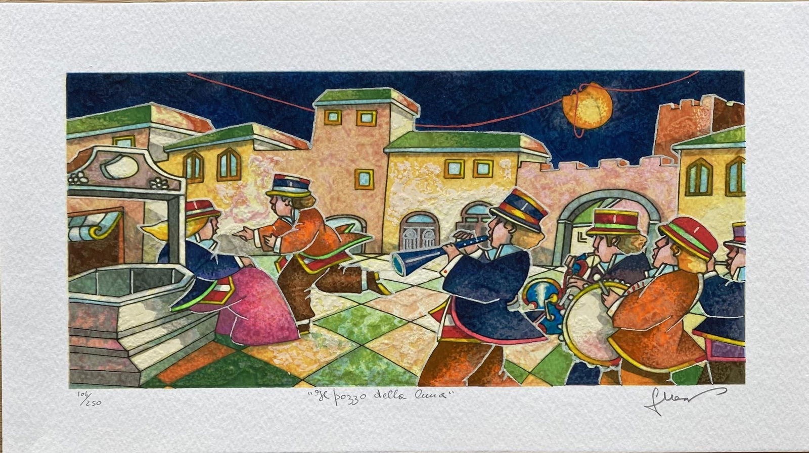 Francesco Nesi- Original Serigraph on Paper "IL POZZO DELLA LUNA": Artist: Francesco Nesi. Medium: Original Serigraph on Paper. Title: IL POZZO DELLA LUNA. Size: 8" x 14". Signature: Hand Signed and Numbered by the Artist. Certificate of Authenticity: Is Included. Re