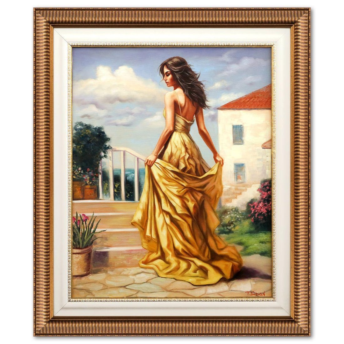 Taras Sidan- Original Oil on Canvas "Golden Sunset Stroll": Artist: Taras Sidan. Medium: Original Oil on Canvas. Title: Golden Sunset Stroll. Size: 30" x 24". Measures approx. 39" x 33" (framed). Signature: Hand signed. Certificate of Authenticity: Is