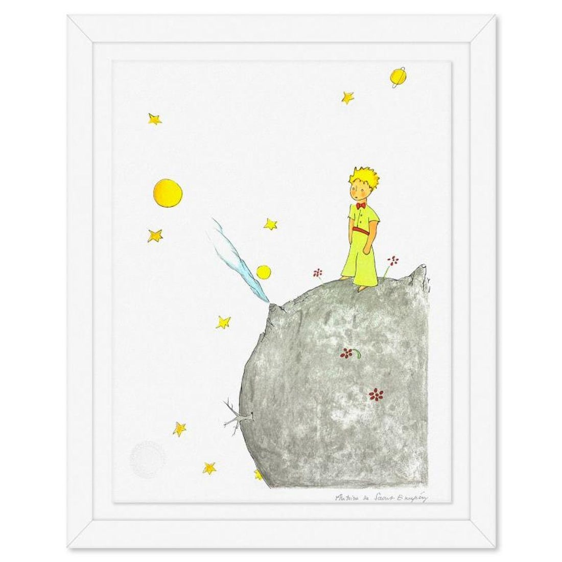 Antoine de Saint-Exupery 1900-1944 (After), "The Little Prince On Asteroid B-612" Framed Limited: The Little Prince On Asteroid B-612 is a limited edition lithograph on paper by Antoine de Saint-Exupery 1900-1944 (After), bearing the plate signature of the artist.This piece comes from an edition