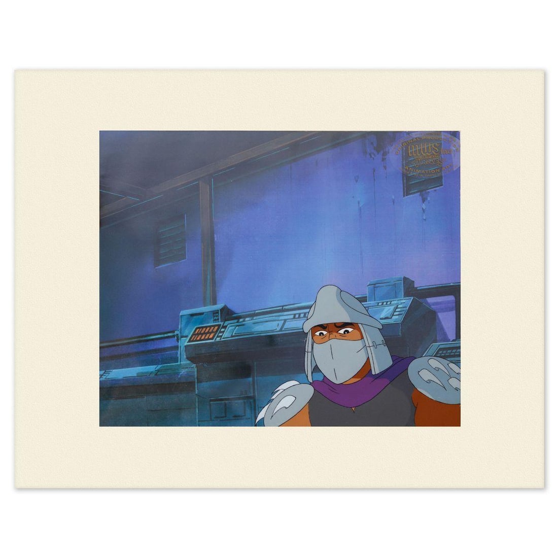 Animation Art- Hand-Painted Cel "Shredder": Artist: Animation Art. Medium: Hand-Painted Cel. Title: Shredder. Size: 8" x 9". Certificate of Authenticity: Is included. Additional: Matted and ready to frame. Portfolio: Teenage Mutant Ninja