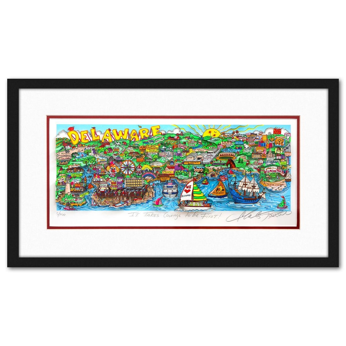 Charles Fazzino- 3D Construction Silkscreen Serigraph "It Takes Courage to be First !": Artist: Charles Fazzino. Medium: 3D Construction Silkscreen Serigraph. Title: It Takes Courage to be First !. Size: 8" x 19". Measures approx. 14" x 25" (framed). Signature: Hand signed and numbered.