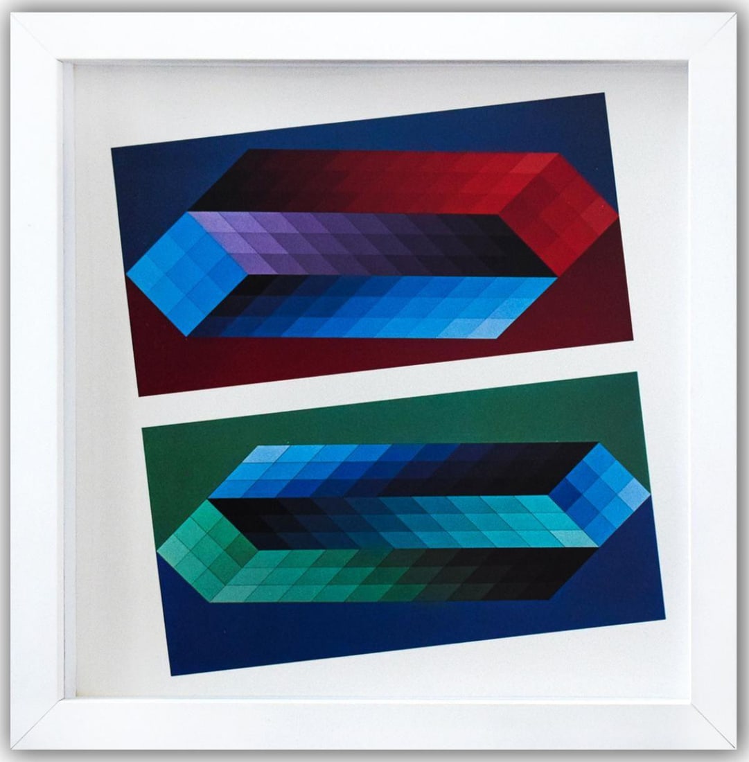 Victor Vasarely- Heliogravure Print "Tridim (T, TT)": Artist: Victor Vasarely. Medium: Heliogravure Print. Title: Tridim (T, TT). Size: 10" x 10". Measures approx. 12" x 12" (framed). Additional: Custom Framed , 1971. Reference#: 21361.