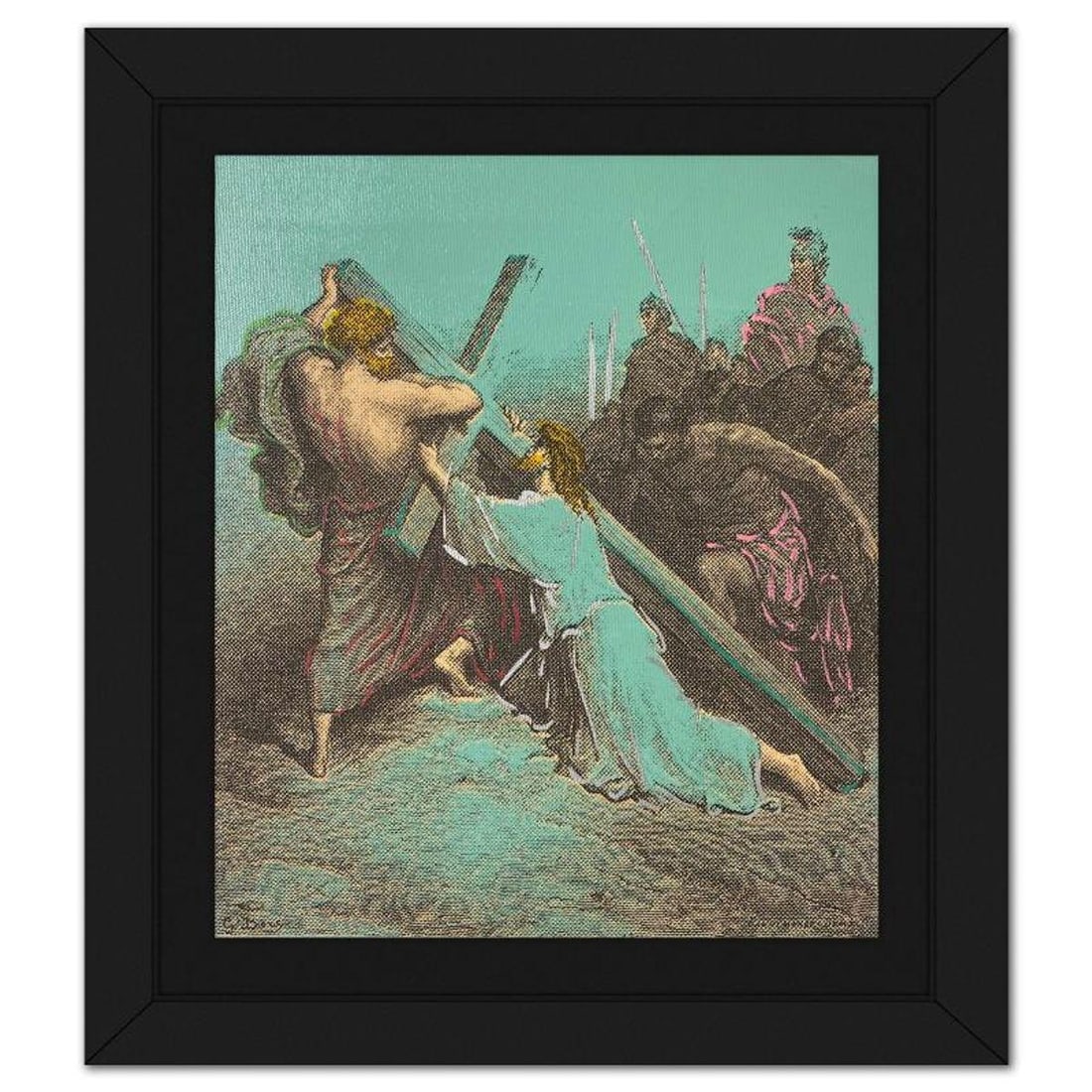 Steve Kaufman (1960-2010), "Simon Helping Jesus" Framed Hand Embellished Limited Edition Silscreen,: Simon Helping Jesus is a hand embellished limited edition silkscreen on canvas by Andy Warhol protege, Steve Kaufman (1960-2010), numbered 7/50 inverso and hand signed by the artist. This piece comes