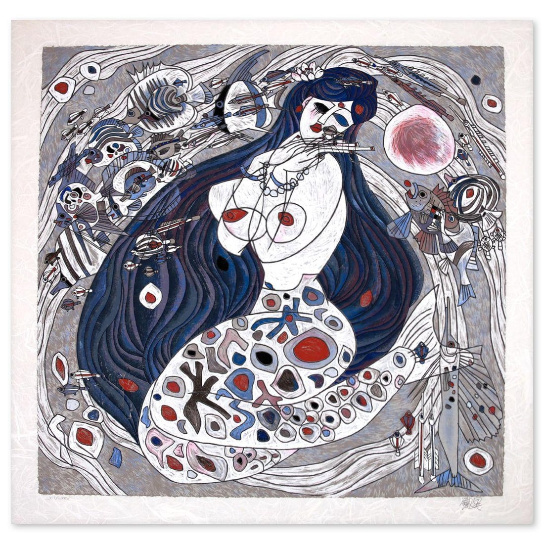 Jian Tie Feng- Silkscreen "White Mermaid": Artist: Jian Tie Feng. Medium: Silkscreen. Title: White Mermaid. Size: 32" x 32". Signature: Hand Signed and Numbered. Reference#: 80545.