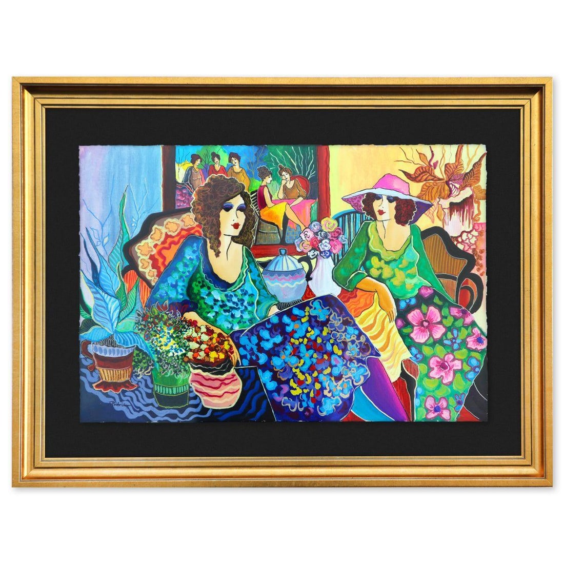 Patricia Govezensky- Original Watercolor "Tea & Tales": Artist: Patricia Govezensky. Medium: Original Watercolor. Title: Tea & Tales. Size: 15" x 22". Measures approx. 22" x 29" (framed). Signature: Hand Signed by the artist. Certificate of Authenticity: I