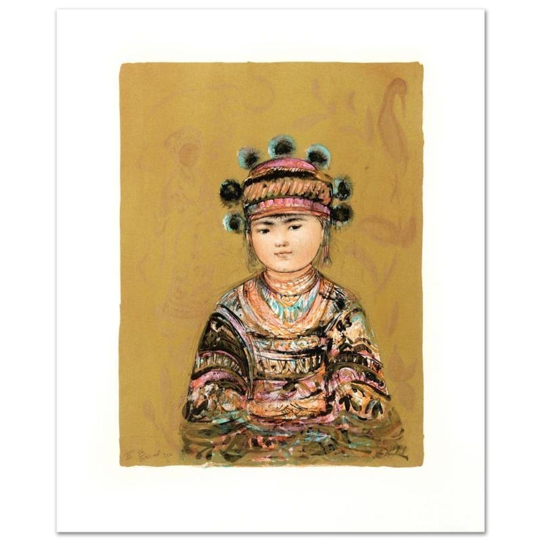 Hill Tribe Youth Limited Edition Lithograph by Edna Hibel (1917-2014), Numbered and Hand Signed with: Hill Tribe Youth is a limited edition lithograph on paper, numbered and hand signed by Edna Hibel (1917-2014). Includes Certificate of Authenticity! Measures approx. 18" x 22" (with border), 12.5" x 1