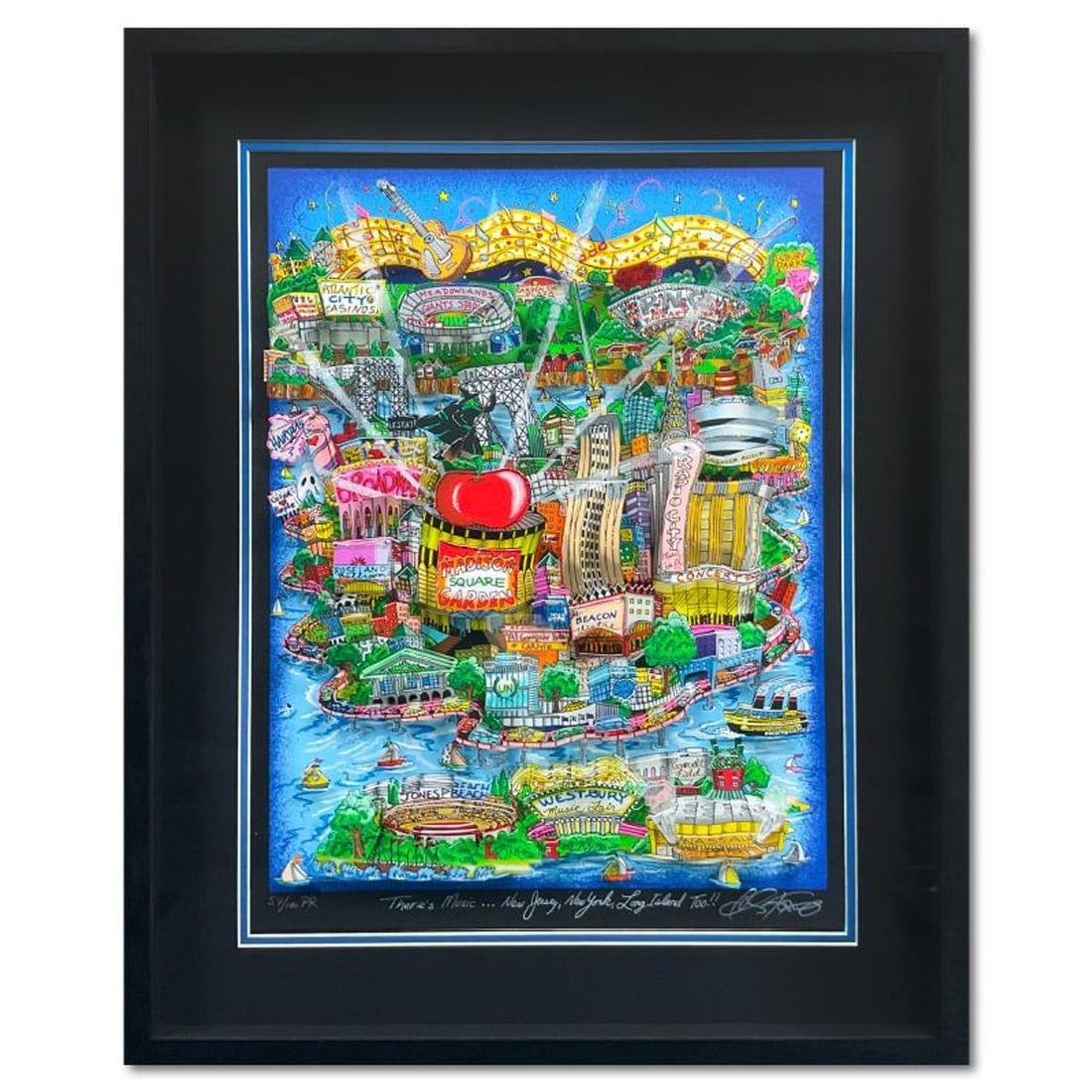 Charles Fazzino, "There's Music: New Jersey, New York, Long Island Too!! (Sky Blue)" Framed 3D: There's Music: New Jersey, New York, Long Island Too!! is a 3D limited edition silk screen construct on paper by Charles Fazzino, numbered and hand signed by the artist. This piece comes custom framed