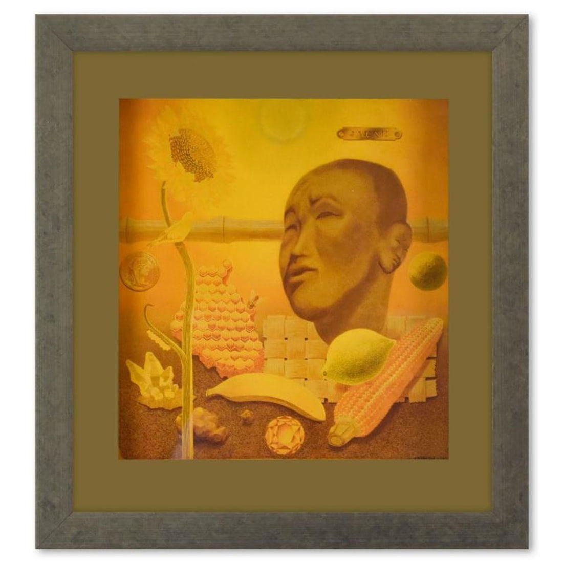 Victor Vasarely (1908-1997), "Etude En Jaune de la serie Graphismes 2" Framed 1977 Heliogravure: Etude En Jaune de la serie Graphismes 2 is a heliogravure print on paper, published in 1977, by Victor Vasarely (1908-1997). This piece comes custom framed, with a letter of authenticity and with a 19