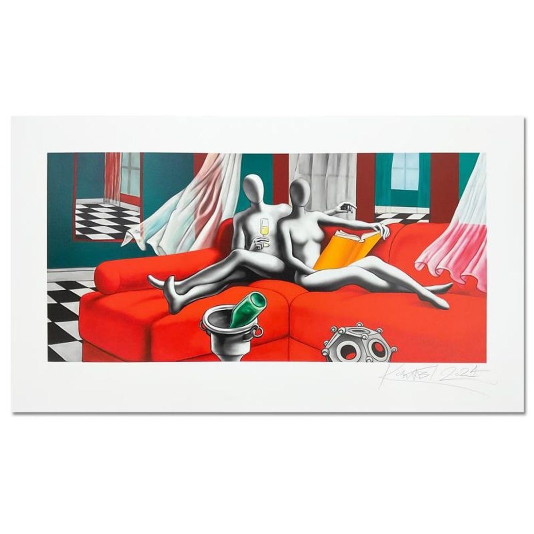 Mark Kostabi, "Elegance in Enlightenment" Hand Signed Limited Edition Serigraph with Certificate of: Elegance in Enlightenment is a limited edition serigraph on paper, numbered and hand signed by Mark Kostabi. Includes Certificate of Authenticity. Measures approx. 27.5" x 47.5" (border), 19.5" x 28"