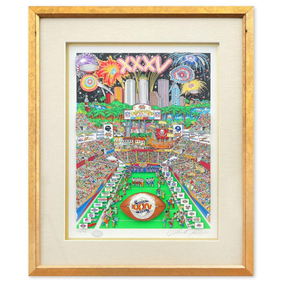 Charles Fazzino- 3D Construction Silkscreen Serigraph "Super Bowl": Artist: Charles Fazzino. Medium: 3D Construction Silkscreen Serigraph. Title: Super Bowl. Size: 20" x 16". Measures approx. 28" x 23" (framed). Signature: Hand Signed and numbered. Certificate of