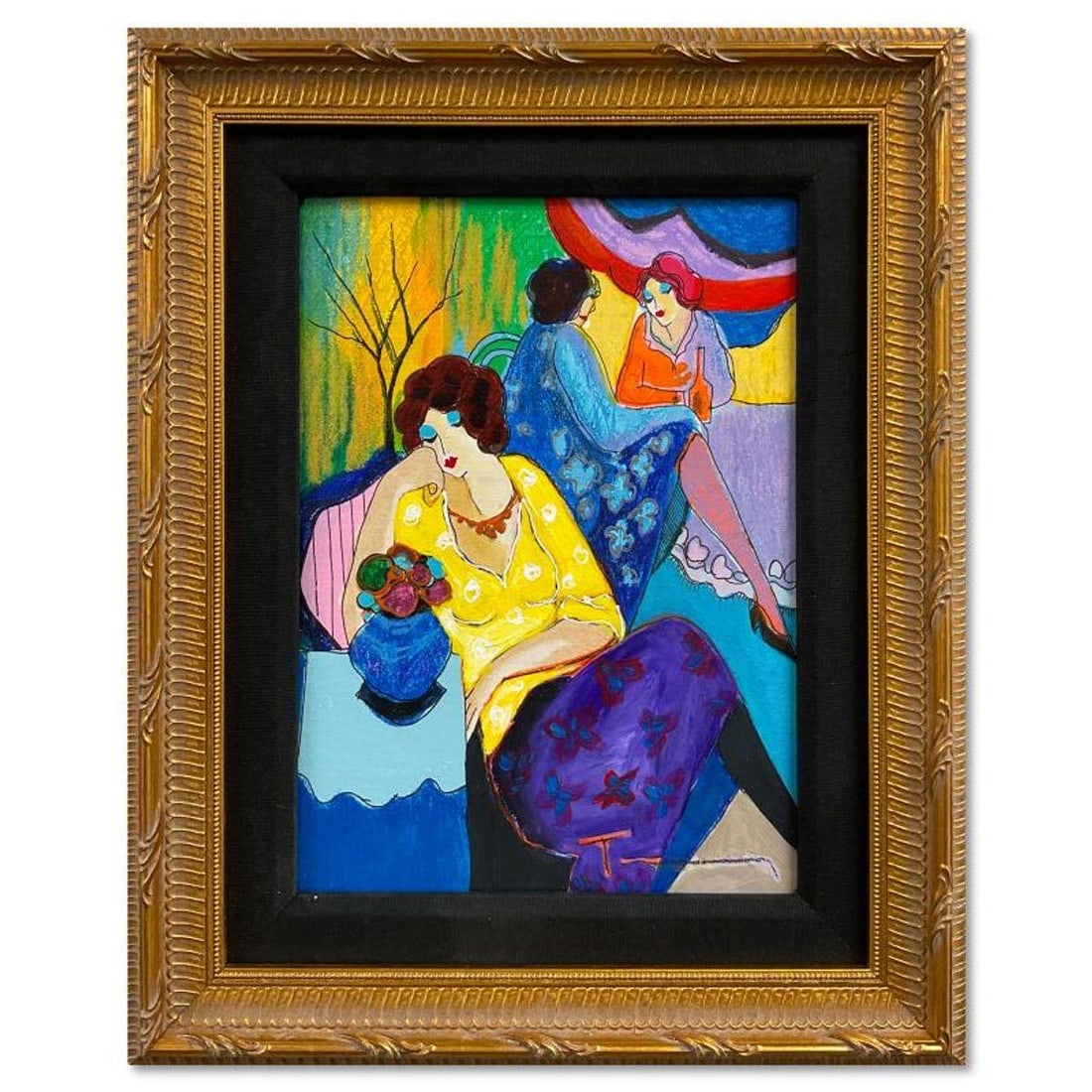 Itzchak Tarkay (1935-2012), "Quiet Afternoon" Framed One-of-a-Kind Mixed Media Over Paint on Wood,: Quiet Afternoon is a one-of-a-kind mixed media over paint on wood by Itzchak Tarkay (1935-2012), hand signed by the artist. This piece comes custom framed. Includes Letter of Authenticity. Measures