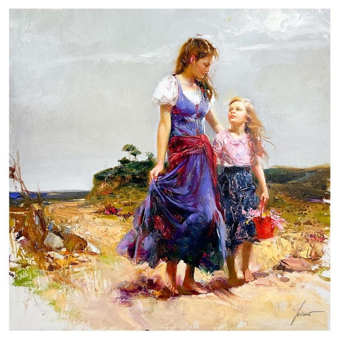 Pino (1939-2010), "Gathering Wildflowers" Limited Edition on Canvas, Numbered and Hand Signed with: Gathering Wildflowers is a limited edition giclee on canvas by Pino (1939-2010), numbered and hand signed by the artist. Includes Certificate of Authenticity. Measures approx. 30" x 30" (image).