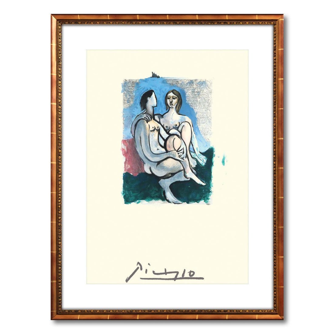 After Pablo Picasso- Lithograph on Arches Paper "La Couple": Artist: After Pablo Picasso. Medium: Lithograph on Arches Paper. Title: La Couple. Size: 27" x 19". Measures approx. 36" x 27" (framed). Signature: Plate Signed. Certificate of Authenticity: Is includ