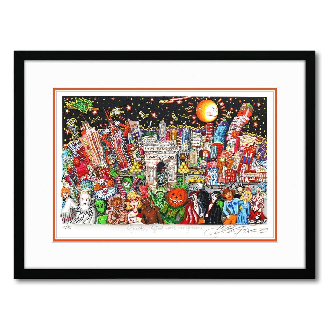 Charles Fazzino- 3D Construction Silkscreen Serigraph "Ghosts Good Times and Gridlock": Artist: Charles Fazzino. Medium: 3D Construction Silkscreen Serigraph. Title: Ghosts Good Times and Gridlock. Size: 12" x 17". Measures approx. 18" x 23" (framed). Signature: Hand Signed and Numbered.